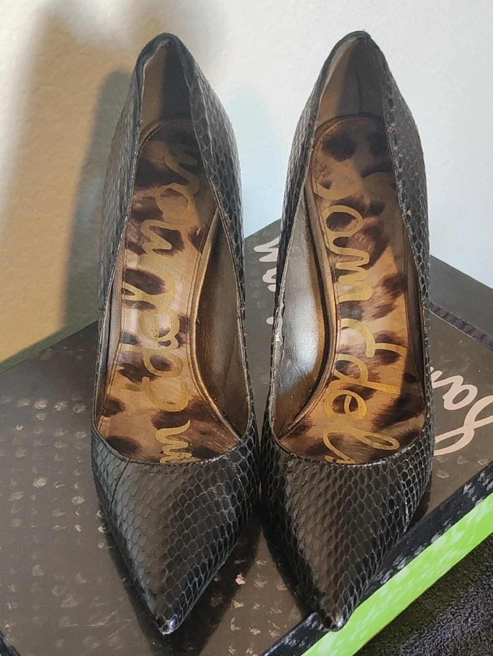 Black Pointed-Toe Snake-Print Stiletto Pumps Sam Edelman Ginger Heel